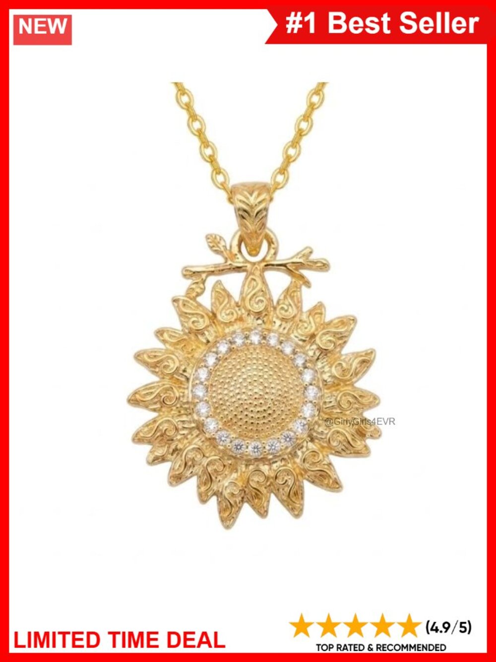 18K Yellow Gold Plated Sunflower Pendant Necklace Stainless Steel Chain Gift